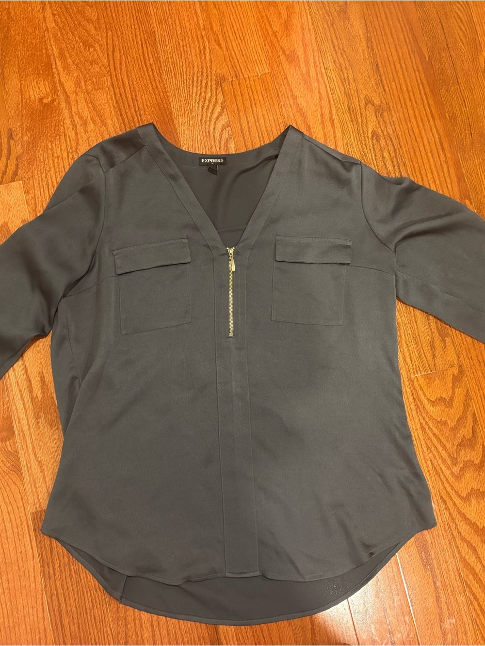 Express Women's Dark Gray Zip-Front V-Neck Blouse